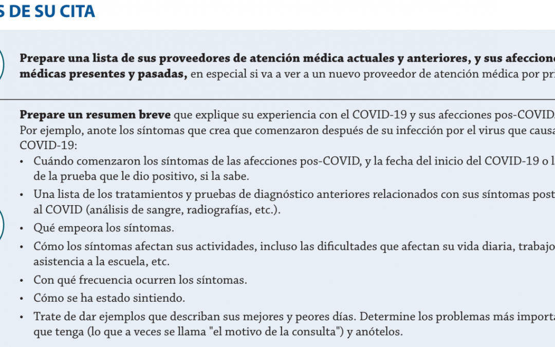 ANTES | Cómo prepararse para hablar sobre afecciones pos-COVID con un proveedor de atención médica