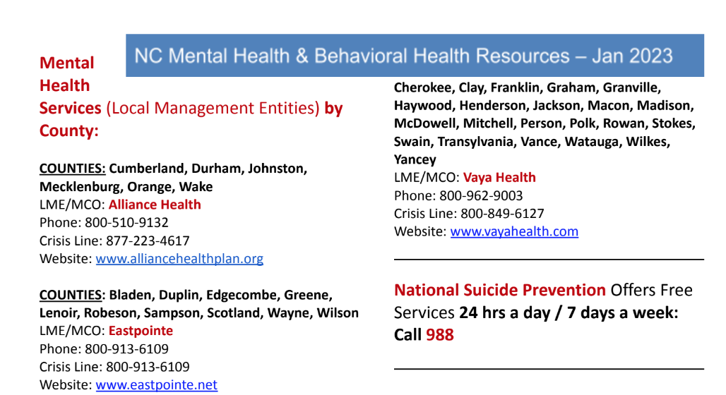 Local NC Mental Health Resources